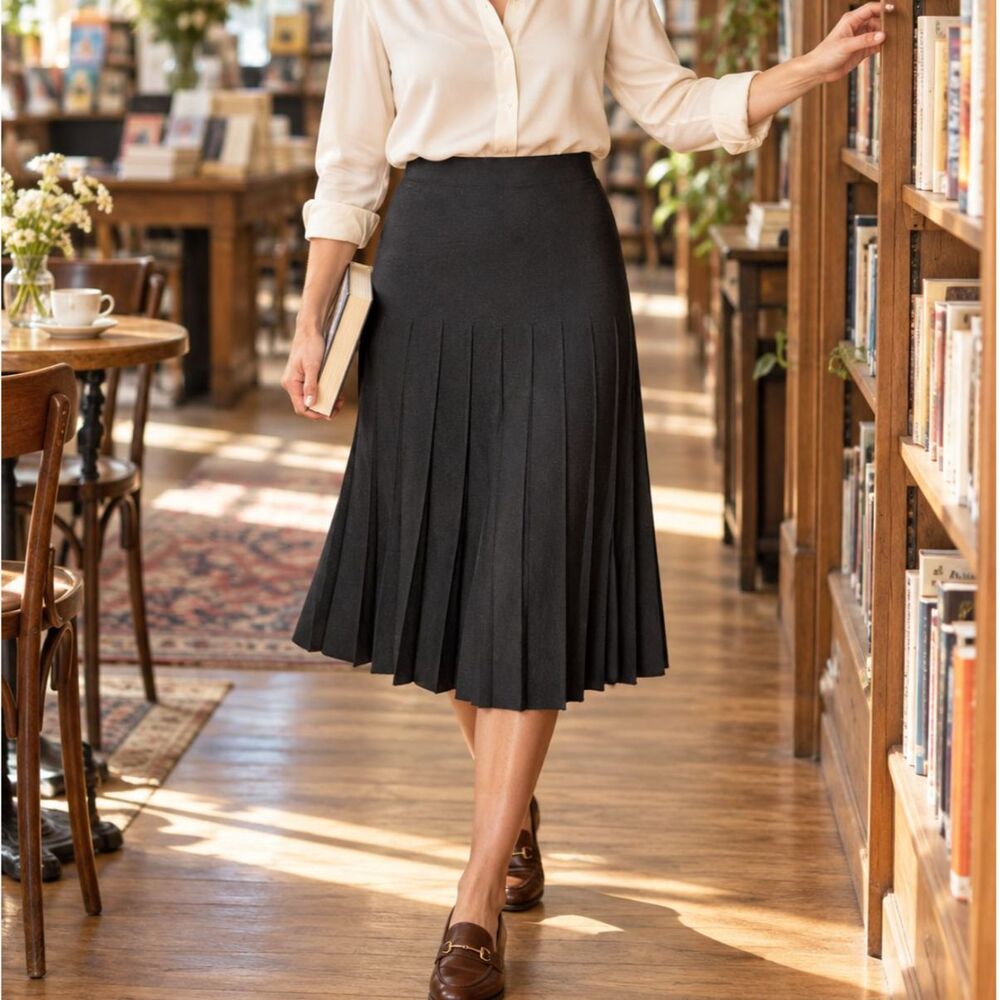 Binj Basics Black Pleated Knit Midi Skirt Medium Stretch Waist Academia Workwear